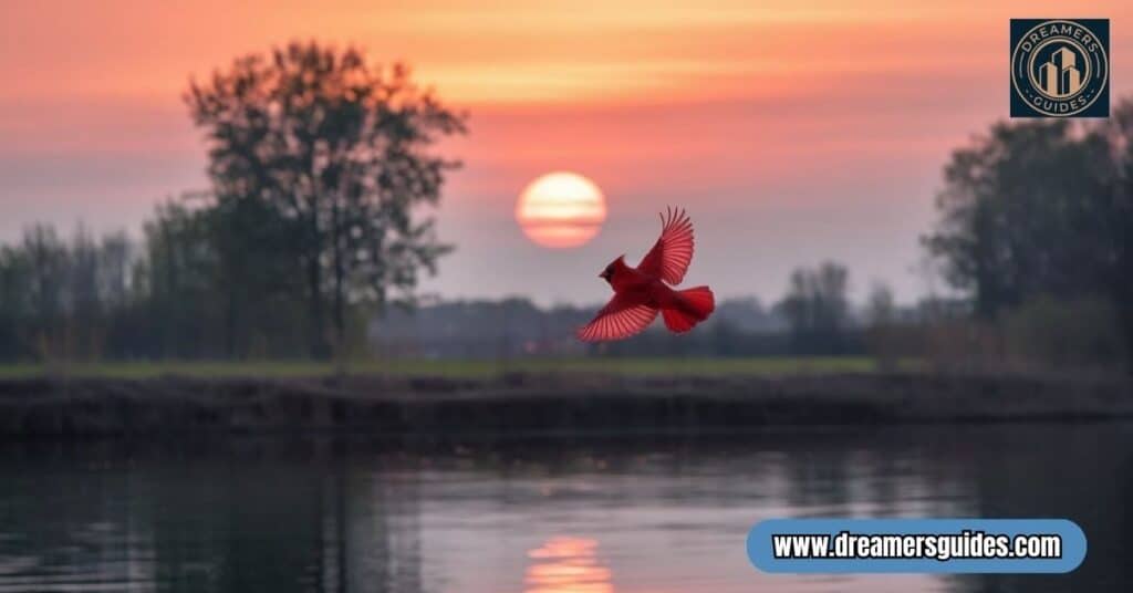 Seeing 2 red cardinals is more than a coincidence! These vibrant birds bring messages of hope, love, and spiritual connection.Red cardinal flying against a sunset sky, symbolizing spiritual renewal and emotional healing.