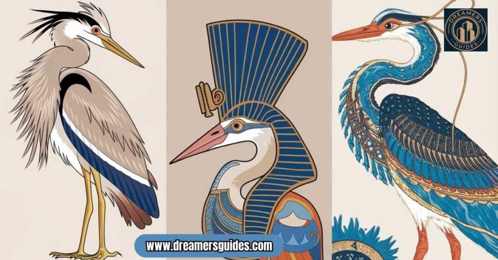 Cultural representations of the blue heron in Native American, Egyptian, and Chinese traditions, showcasing its spiritual significance.