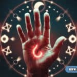 Spiritual representation of left-hand itching meaning with glowing energy signs.