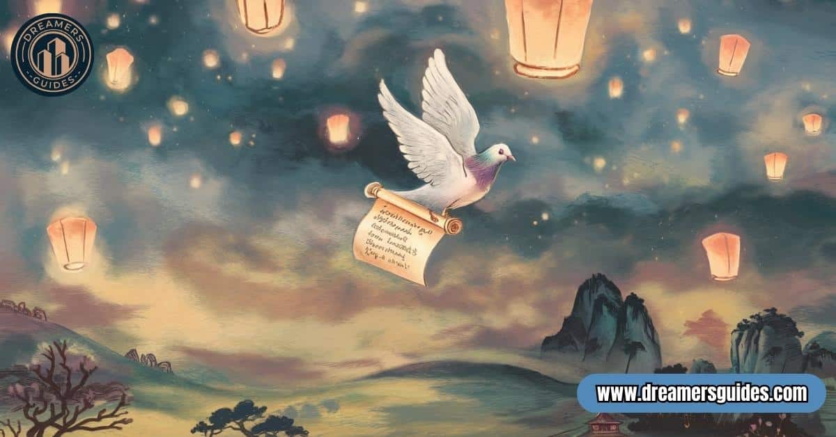 White pigeon soaring through clouds, representing dream symbolism and divine messages.