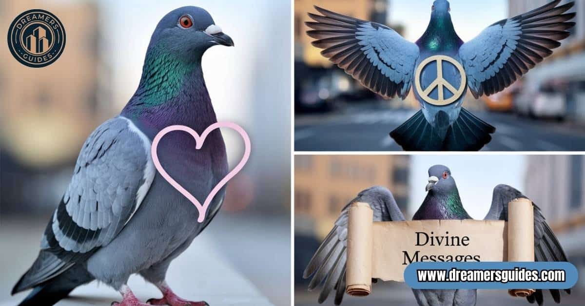 pigeon symbolism -Illustration showcasing different aspects of pigeon symbolism, including love, peace, and spiritual messages.