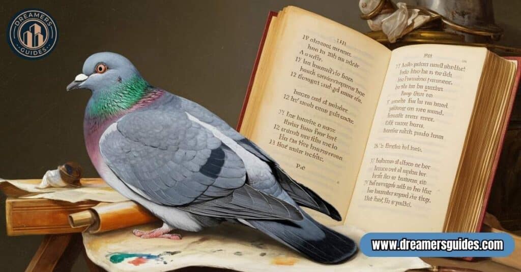 A pigeon on a painter’s canvas beside an open book, representing its role in art and literature.