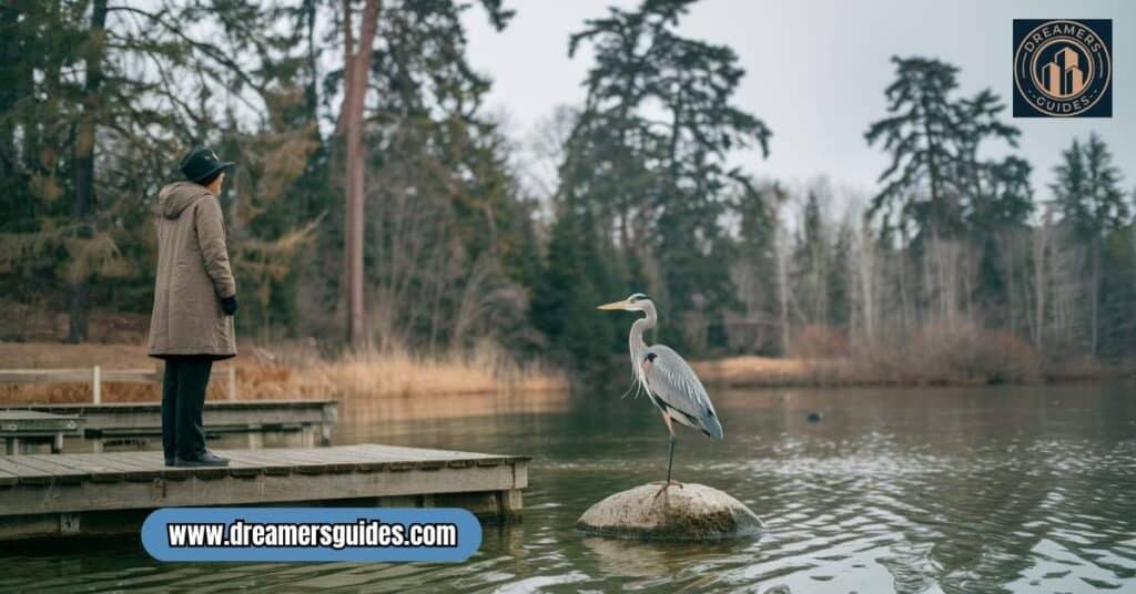 A person watching a blue heron, symbolizing synchronicity, personal transformation, and spiritual signs.